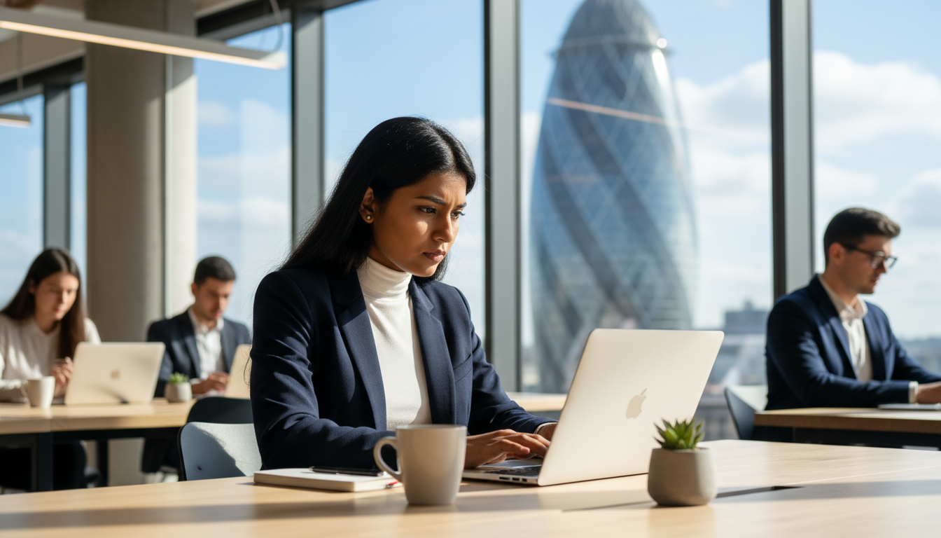 A diverse young professional entrepreneur sitting in a bright, modern London co-working space, looking focused while working on a silver laptop, with a blurred view of the Gherkin building in the background, photorealistic style, 8k resolution