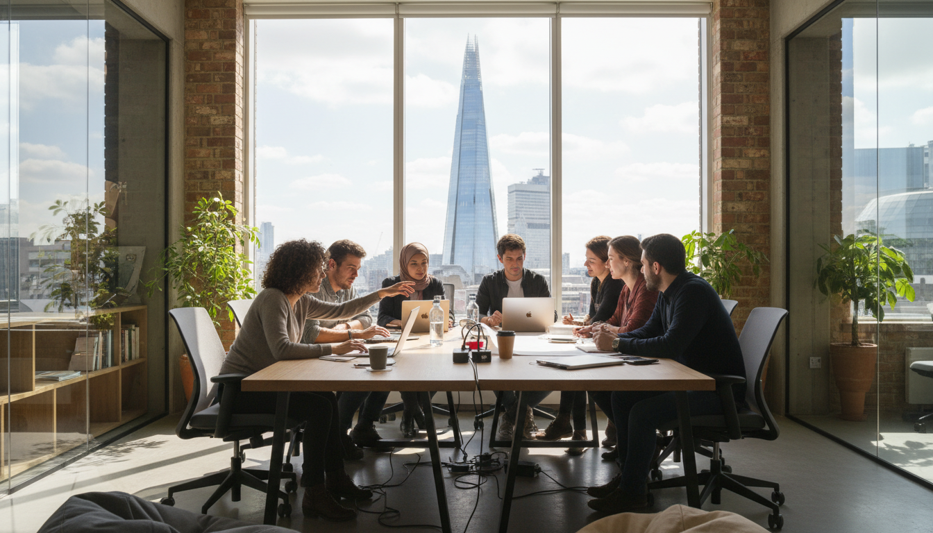 A wide-angle, photorealistic shot of a modern, sunlit co-working space in London with the Shard visible through the window, featuring a diverse group of young entrepreneurs collaborating at a wooden table.