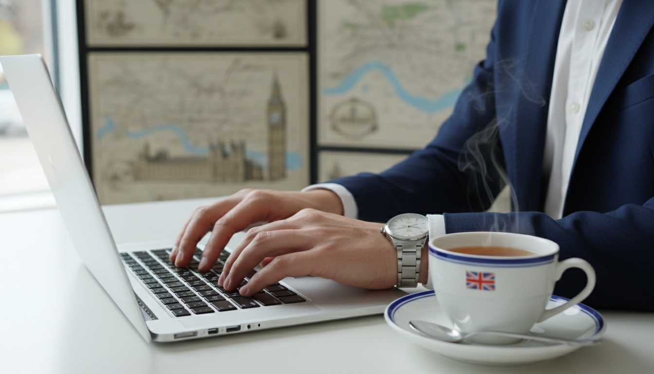A high-quality, close-up photograph of a professional business person's hands typing on a sleek laptop, next to a classic British cup of tea on a minimalist white desk with London maps in the background.