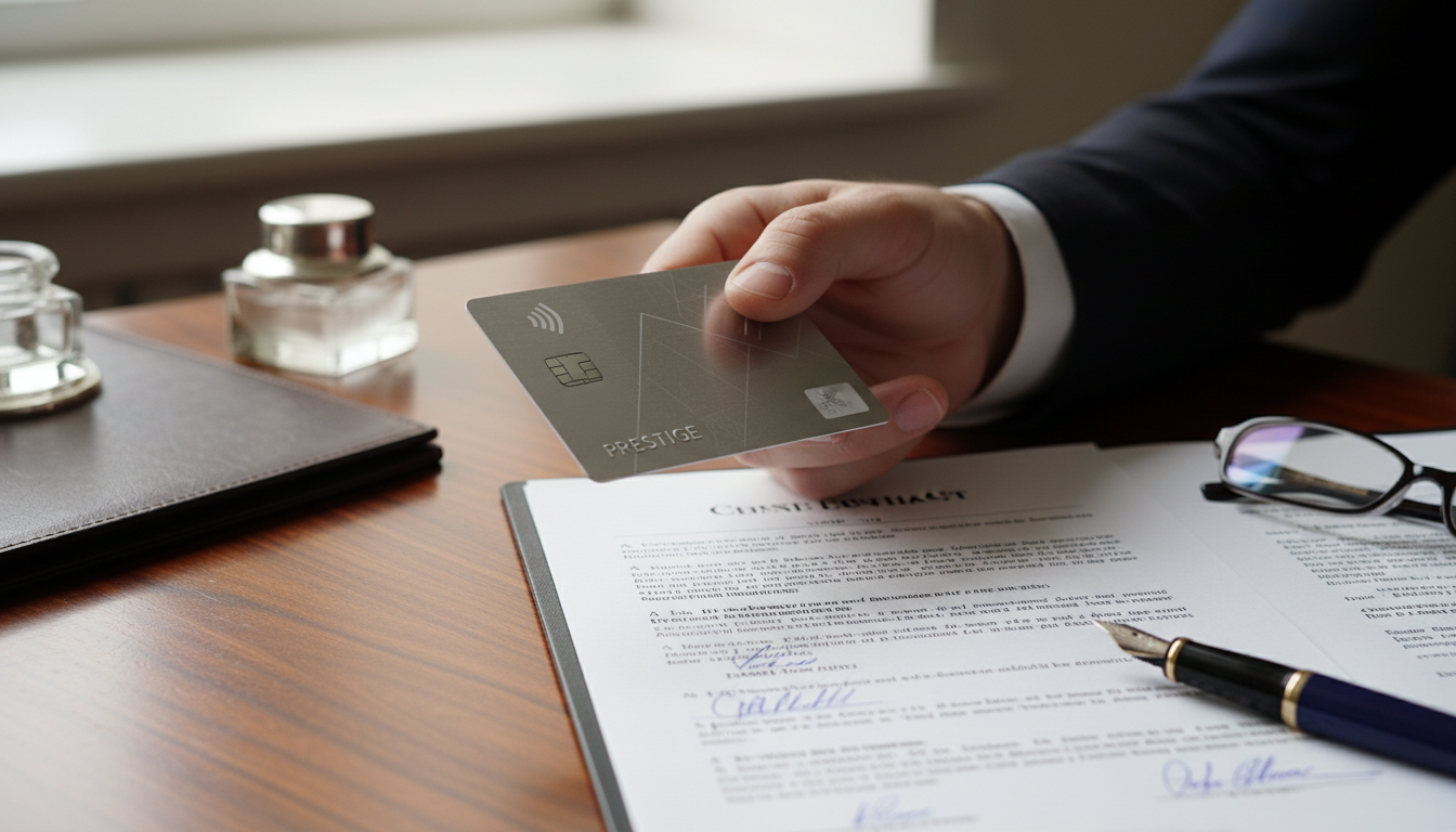 A high-end, close-up shot of a business person's hand holding a sleek metal business credit card over a mahogany desk, with a professional British business contract and a fountain pen nearby, soft natural lighting, high detail